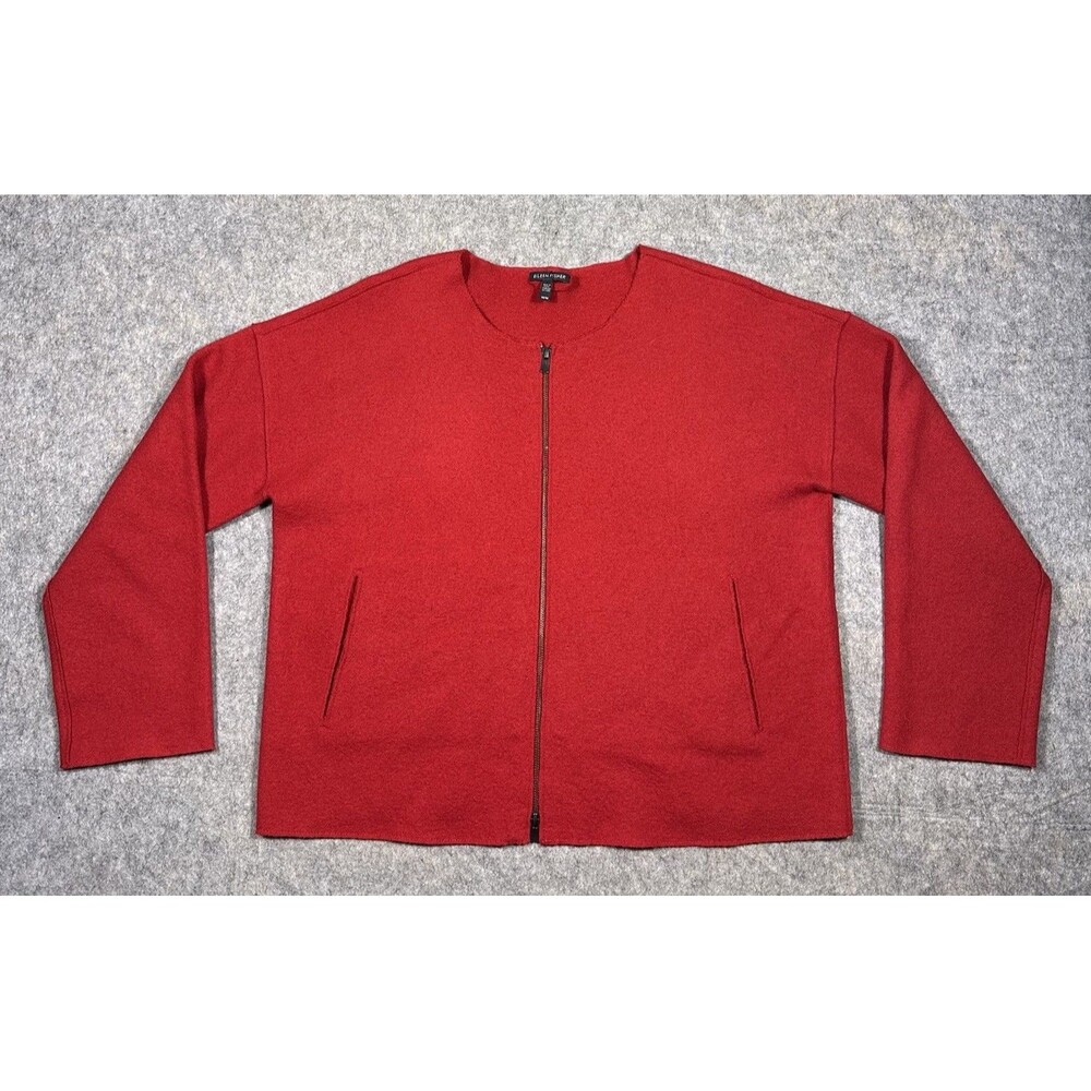 Eileen Fisher 100% Boiled Wool Sweater Jacket Women’s M Red Full Zip Classic